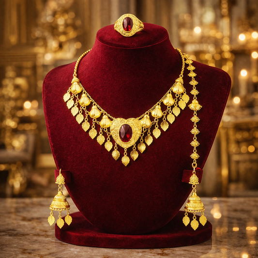 Luxury Gold Heart Ruby Necklace Set France | Paris Style Jewelry Gift for Women